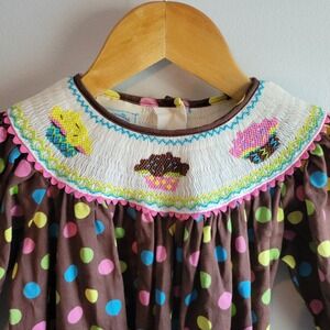 Marmellata Girl's 4T Smocked Brown Multi-Color‎ Polka Dot Cupcake Birthday Dress